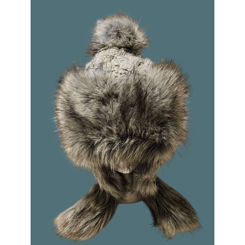Bajka/Ushanka Gray Black Faux Fur Knit Hat with Pom Pom & Ear Flaps